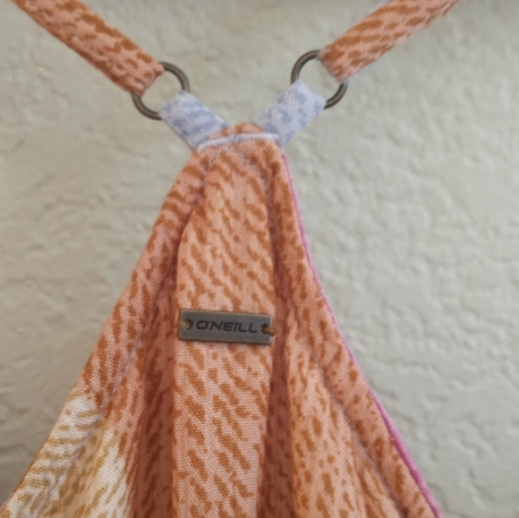 O'Neill Marlo Beige Icy Blue Pastel Pink Flowy Silky Halter Coastal Wrap Dress - Picture 10 of 12